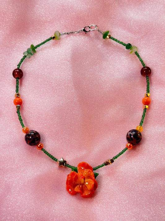 Handcrafted Hibiscus Necklace Orange